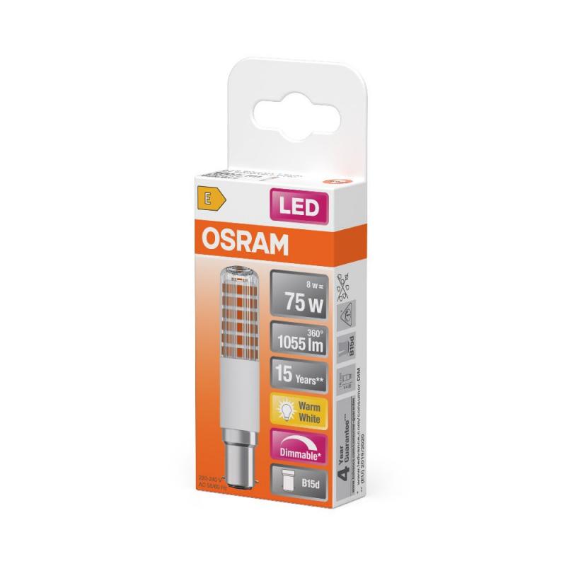 Aktion: Nur noch angezeigter Bestand verfügbar:   OSRAM B15d LED Lampe Special T SLIM dimmbar 2700K 8W wie 75W Kolbenform schlank